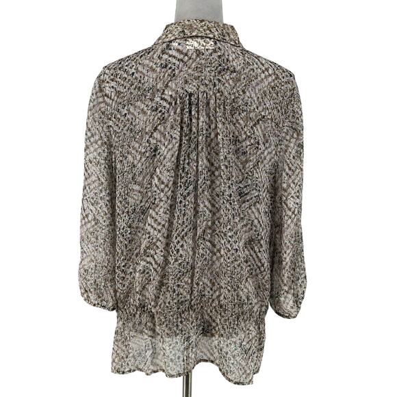 Chicos Top 2 Womens Large 12 Ivory Brown Chiffon Blouse Sheer Pleated Back - Picture 2 of 16